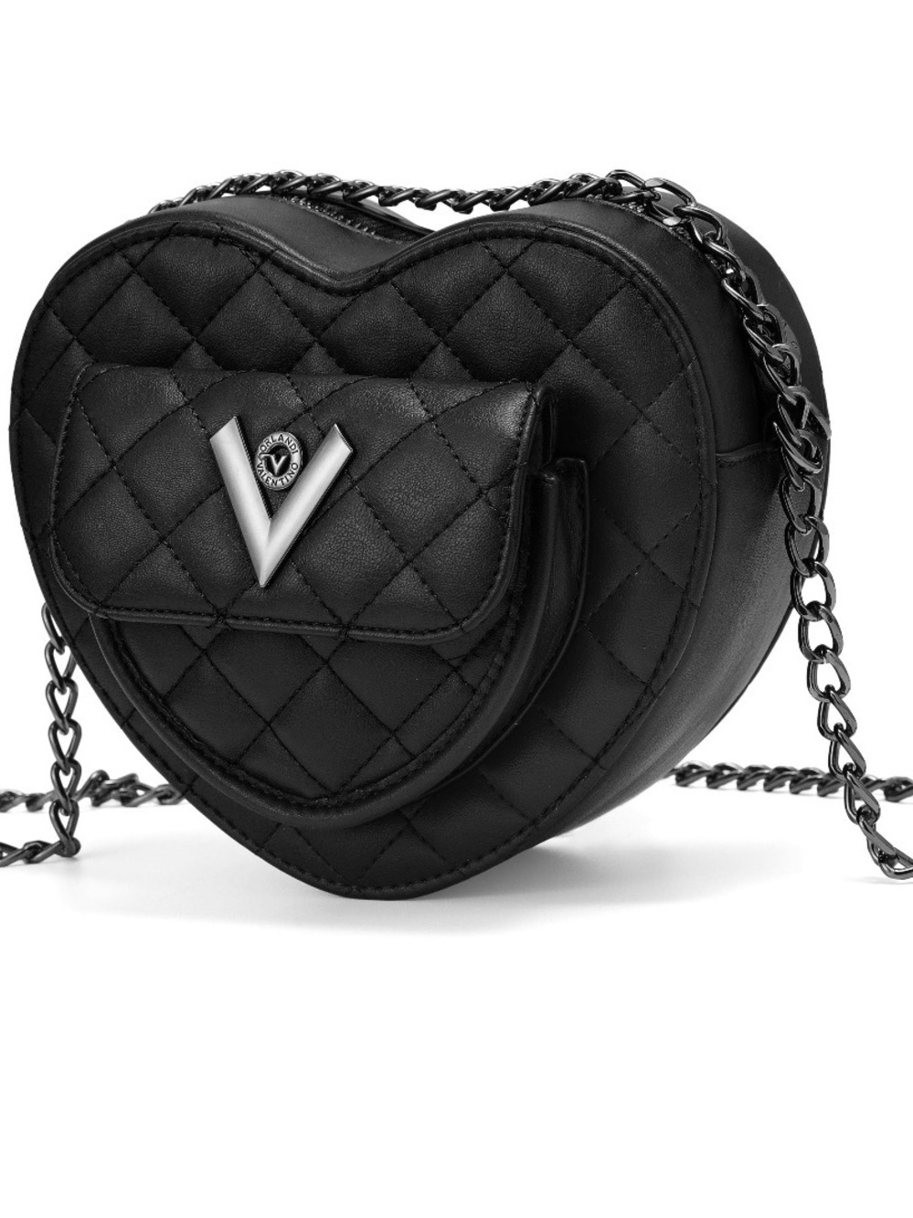 NWT Valentino Orlandi Black Quilted Heart Crossbody Bag with Gunmetal Hardware